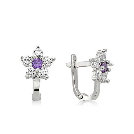 Dainty Flower Earrings - Silver-Tone with Purple & Clear Zirconia