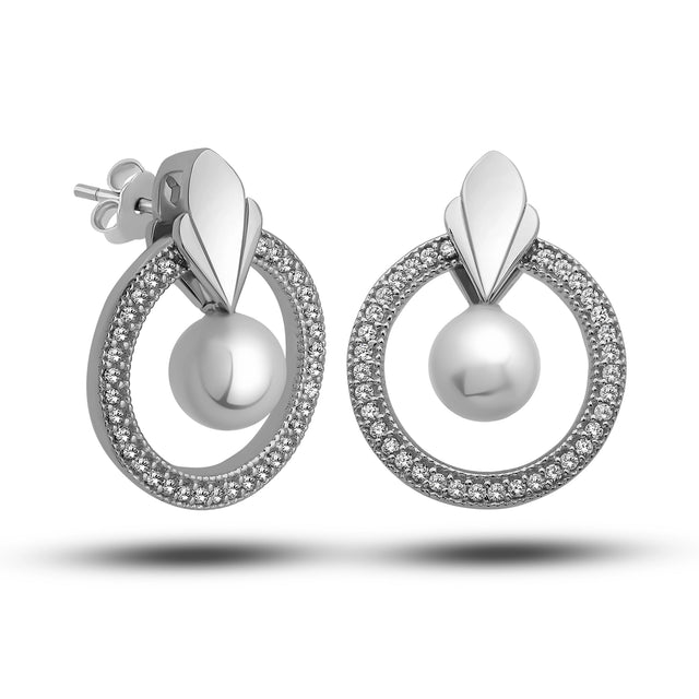 Pearl & Cubic Zirconia Sterling Silver Circle Drop Earrings