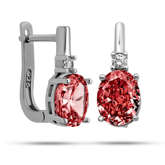 Drop Earrings - Sterling Silver Red Zirconia Oval Cut Design