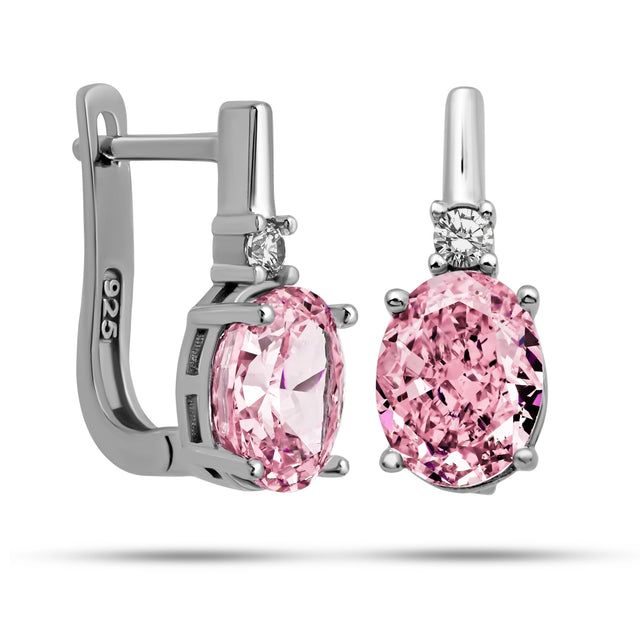Sterling Silver Ice Cut Oval Pink Zircon Drop Earrings with CZ