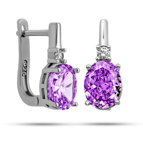 Sterling Silver Ice Cut Oval Purple Zircon Drop Earrings