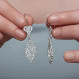 Sterling Silver Filigree Leaf Dangle Earrings - Elegant Heart Design