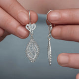 Sterling Silver Filigree Leaf Dangle Earrings - Elegant Heart Design