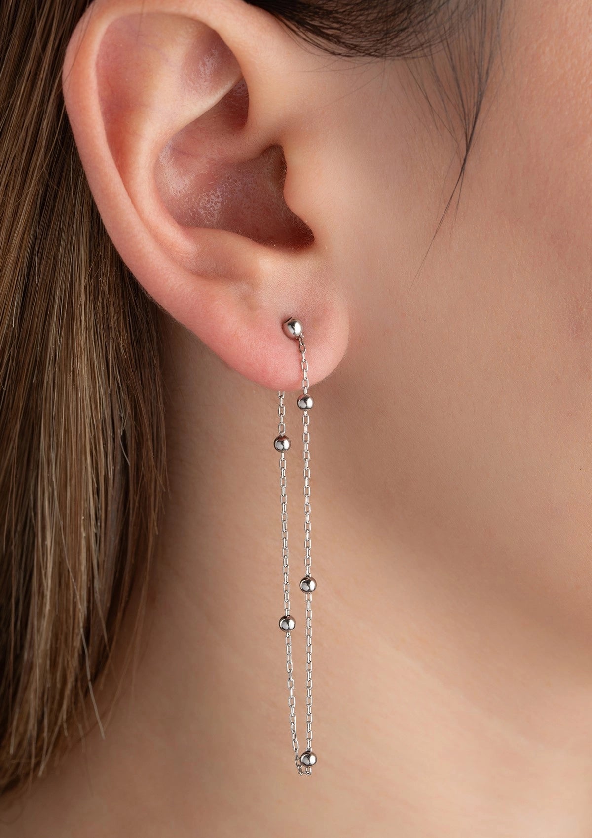 Sterling Silver Dangle Earrings - Delicate Beaded Chain Design