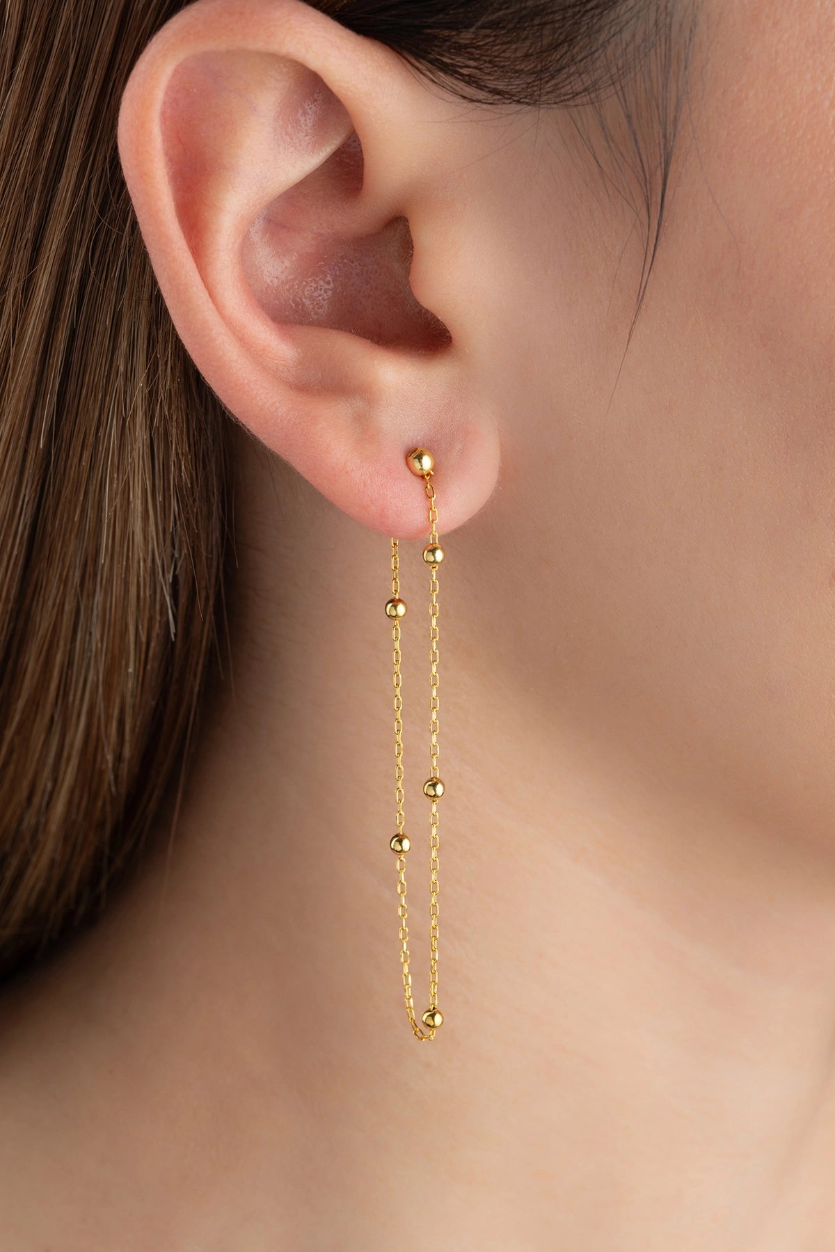 Gold Plated Sterling Silver Dainty Double Chain Ball Drop Earrings