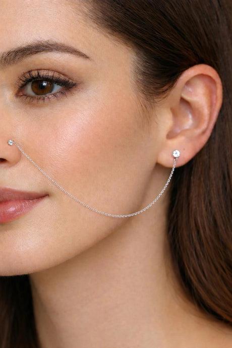 Nose to Ear Chain Piercing - Silver Dainty Crystal Studs