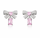 Dangle Earrings - Silver Tone Pink Zirconia Bow & Heart
