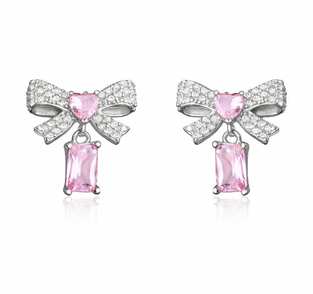 Dangle Earrings - Silver Tone Pink Zirconia Bow & Heart