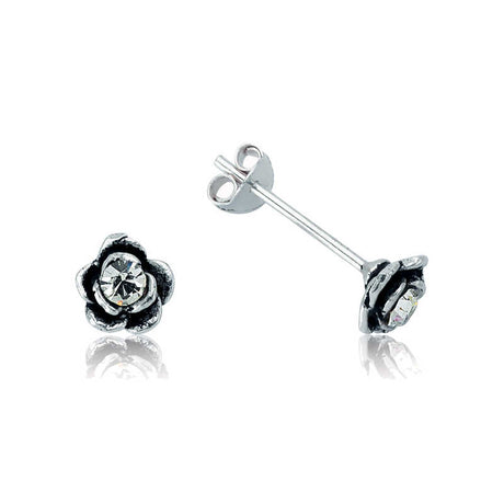 Sterling Silver Rose Flower Stud Earrings - Dainty Crystal Design