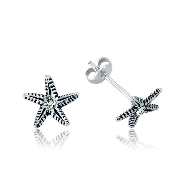 Sterling Silver Starfish Stud Earrings - Dainty CZ Ocean Charm