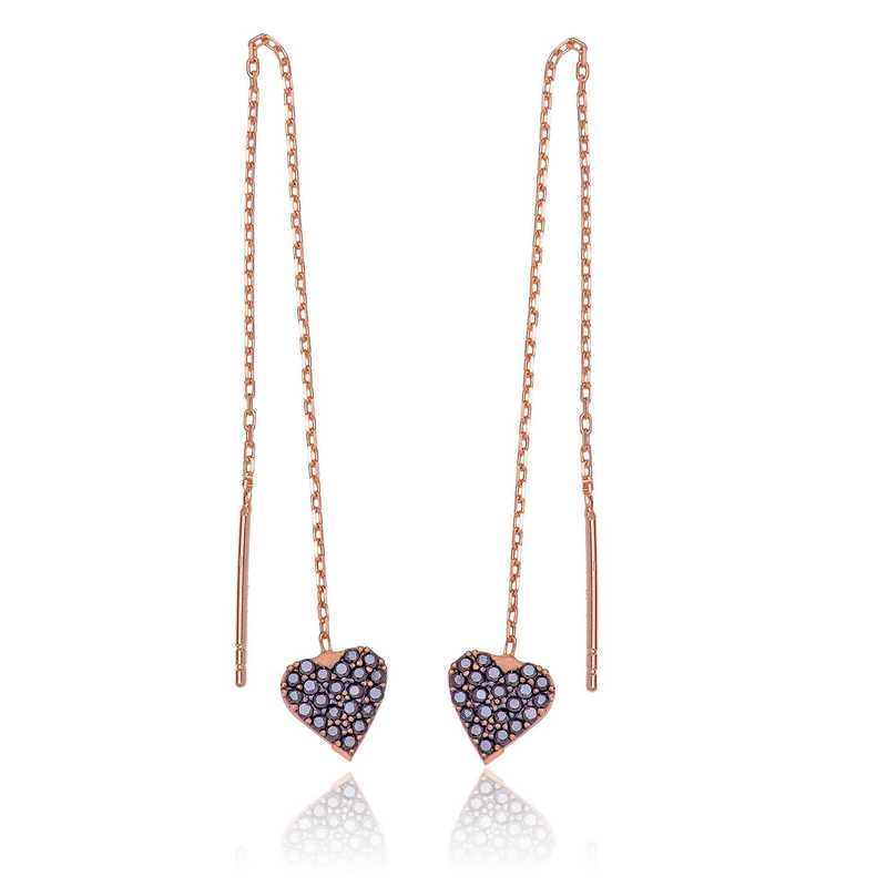 Oorbellen met hartje en pavé, sterling zilver met roségoud verguld, draadstijl