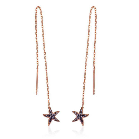 Threader Earrings - Rose Gold-Tone Starfish with Black Stones