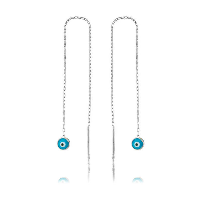 Sterling Silver Evil Eye Chain Threader Earrings - Dainty & Protective