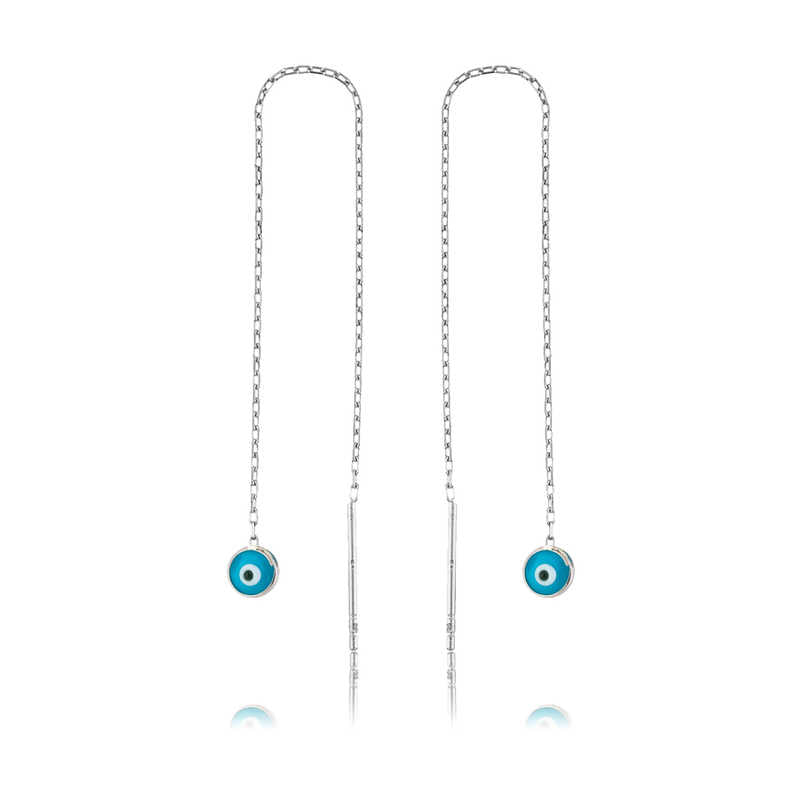 Sterling Silver Evil Eye Chain Threader Earrings - Dainty & Protective
