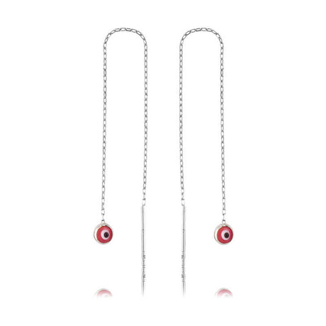 Sterling Silver Threader Earrings - Dainty Pink Evil Eye Design