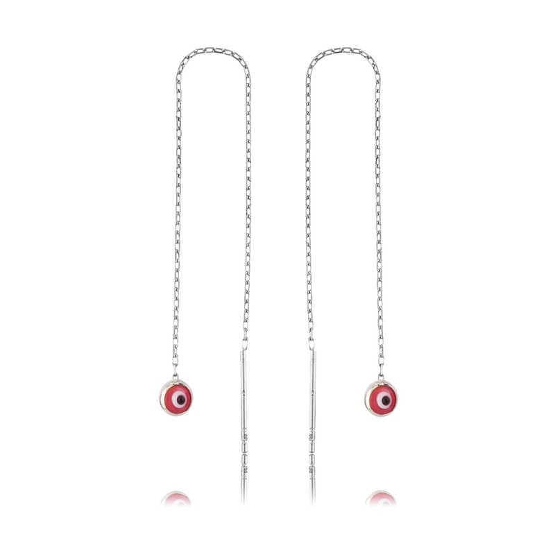 Sterling Silver Threader Earrings - Dainty Pink Evil Eye Design