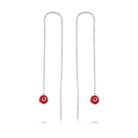 Sterling Silver Threader Earrings - Red Evil Eye Protection Charm