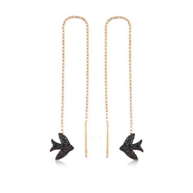 Threader Earrings - Rose Gold Plated Sterling Silver Black Zircon Swallow