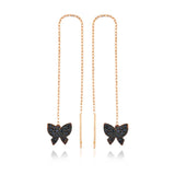 Threader Earrings - Rose Gold-Tone Black Stone Butterfly Dangle