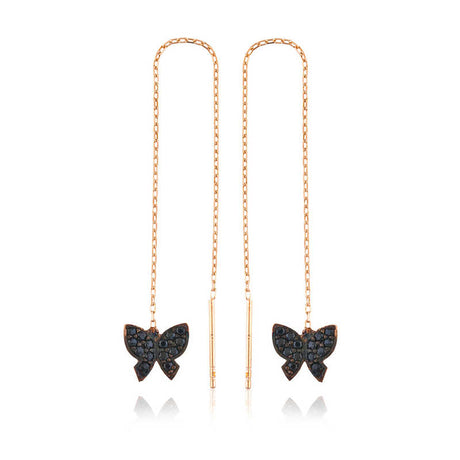 Threader Earrings - Rose Gold-Tone Black Stone Butterfly Dangle