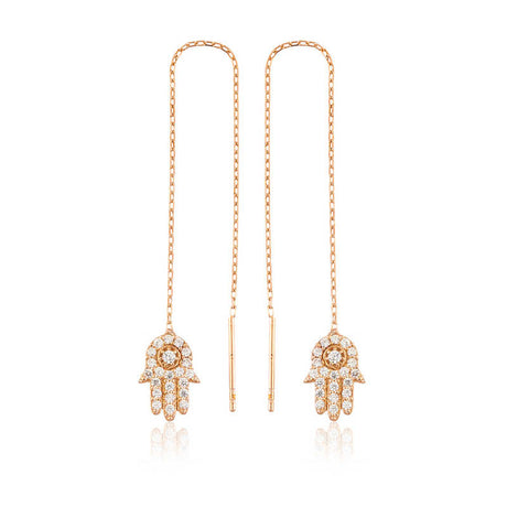 Rose Gold Tone Hamsa Hand Threader Earrings - Dainty Clear Stone Design