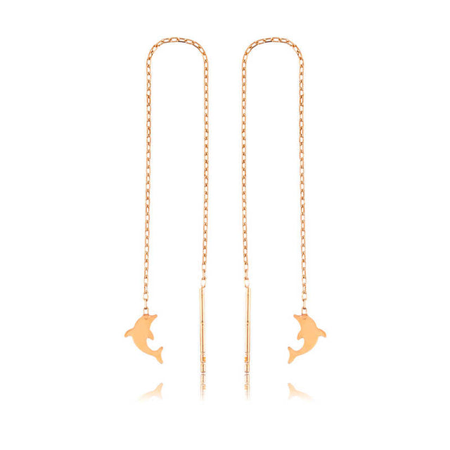 Threader Earrings - Rose Gold-Tone Delicate Dolphin Charm