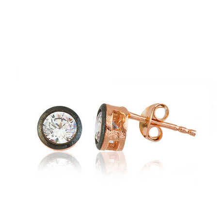 Rose Gold Plated Silver Solitaire Stud Earrings - Bezel Set Elegance