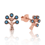 Stud Earrings - Rose Gold Tone Tree of Life with Turquoise Stones