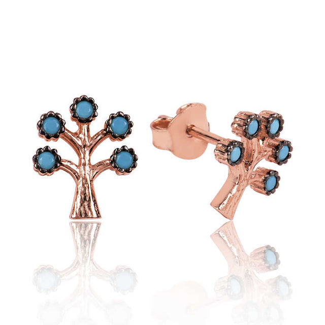 Stud Earrings - Rose Gold Tone Tree of Life with Turquoise Stones