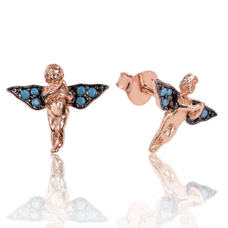 Rose Gold Tone Angel Stud Earrings with Turquoise Accents