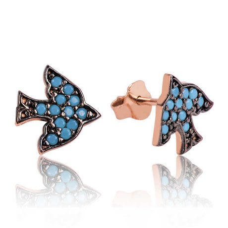 Stud Earrings - Rose Gold Plated Sterling Silver Turquoise Swallow