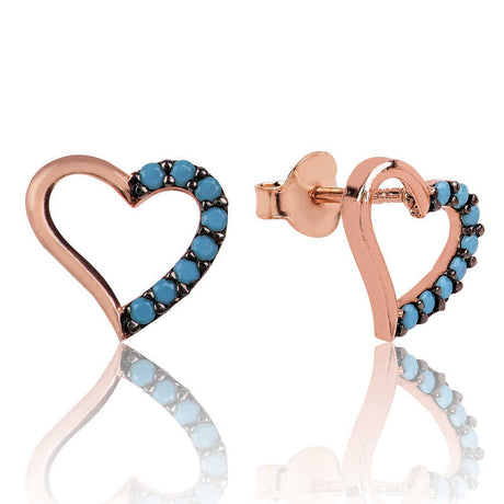 Stud Earrings - Rose Gold Tone Turquoise Open Heart Dainty