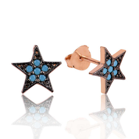 Rose Gold Plated Silver Star Stud Earrings with Blue Stones