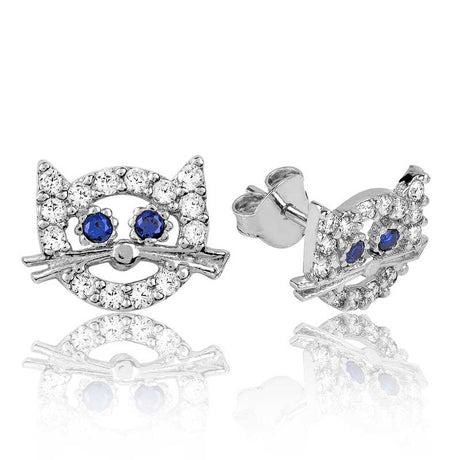 Sterling Silver Zirconia & Sapphire Cat Face Stud Earrings