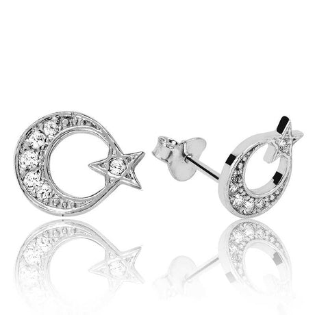 Sterling Silver Crescent Moon & Star Stud Earrings