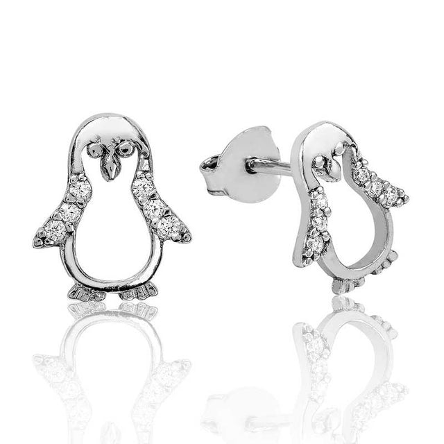 Stud Earrings - Sterling Silver Sparkling Penguin Dainty Design
