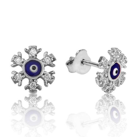 Stud Earrings - Sparkling Sterling Silver Snowflake Evil Eye