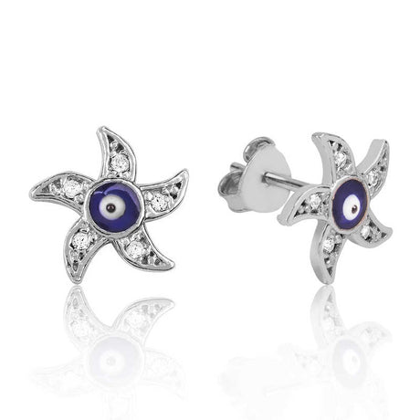 Sterling Silver Evil Eye Starfish Stud Earrings with Sparkling Zirconia