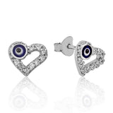 Sterling Silver Heart Stud Earrings - Sparkling Evil Eye Design