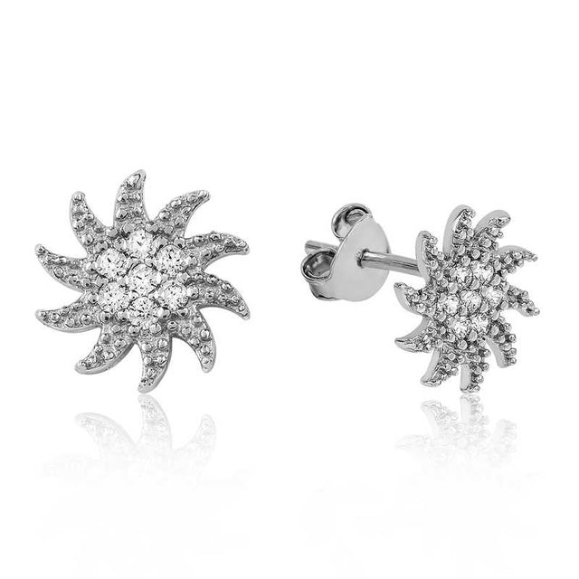 Stud Earrings - Sterling Silver Pave Sunburst Zirconia