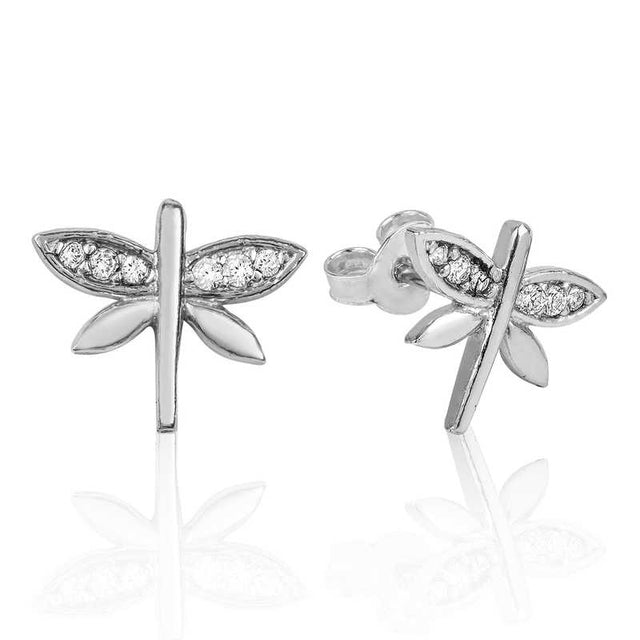 Sterling Silver Dragonfly Stud Earrings - Dainty Cubic Zirconia