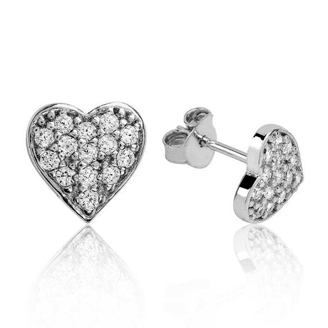 Sterling Silver Heart Stud Earrings - Sparkling Cubic Zirconia Pave