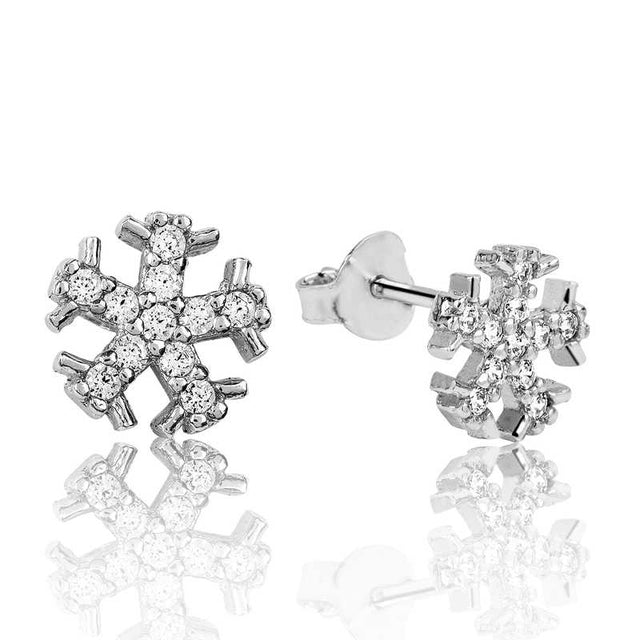 Sterling Silver Snowflake Stud Earrings - Dainty Pave Design