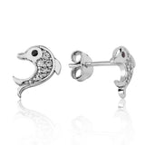 Stud Earrings - Sterling Silver Cubic Zirconia Dolphin Design