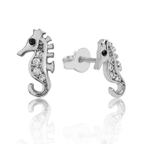 Sterling Silver Seahorse Stud Earrings - Dainty CZ & Black Eye Detail