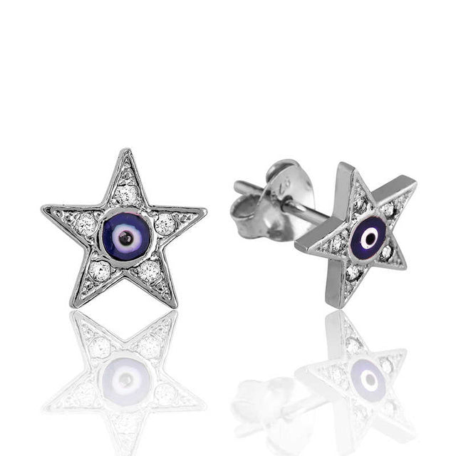 Sterling Silver Stud Earrings - Dainty Star with Blue Evil Eye & CZ