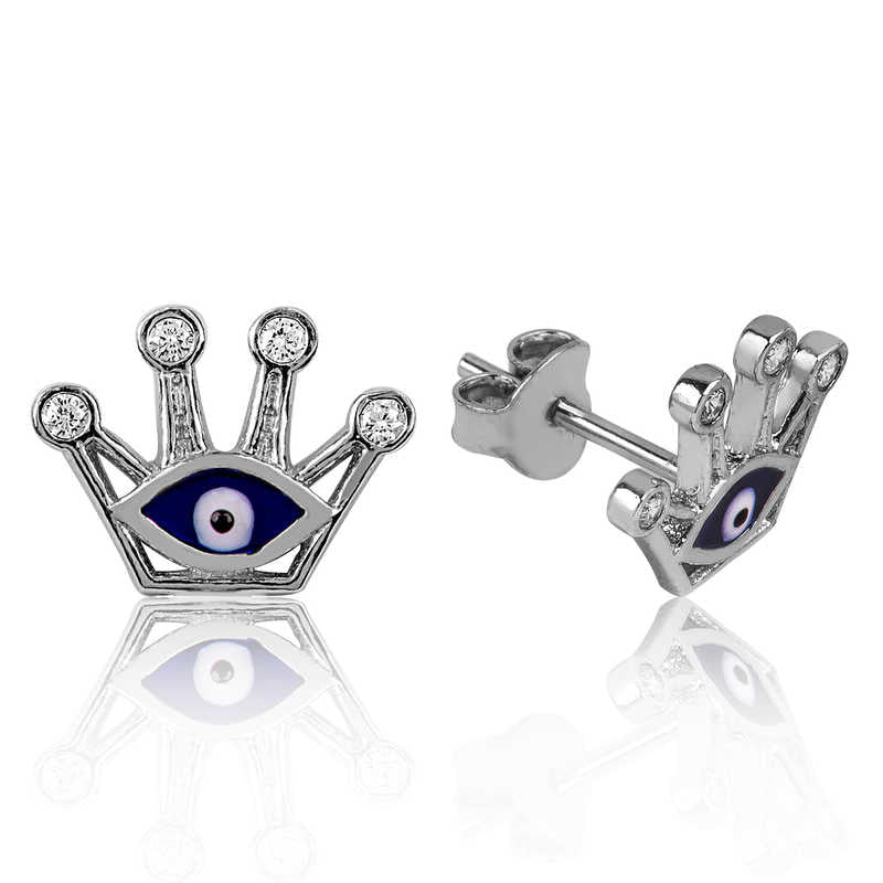 Stud Earrings - Sterling Silver Evil Eye Crown with CZ Accents