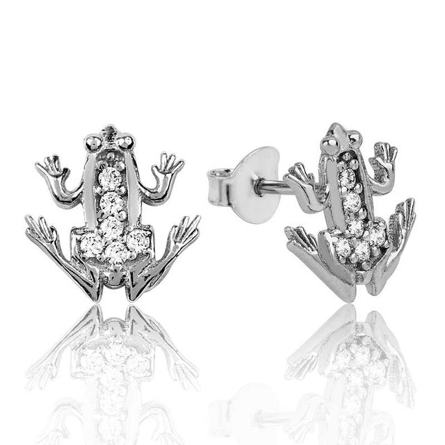 Sterling Silver Frog Stud Earrings - Sparkling Cubic Zirconia
