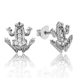 Sterling Silver Frog Stud Earrings - Sparkling Cubic Zirconia