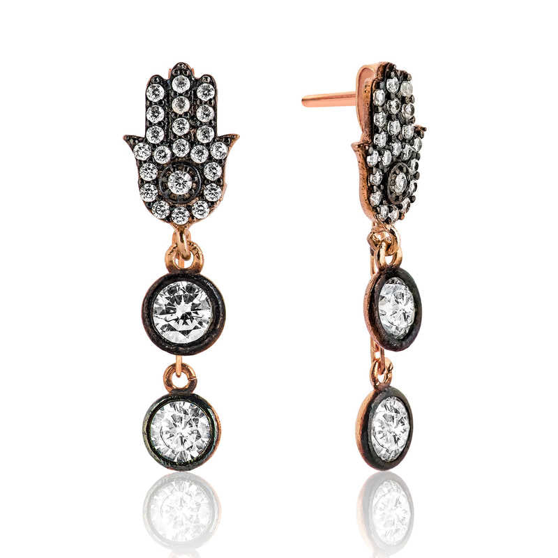 Dangle Earrings - Rose Gold-Tone Hamsa Hand Sparkling Crystal Drop